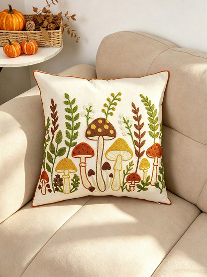 1PC Autumn Mushroom Embroidered Pillow Cover, Multiple Sizes Available, Universal Home Decor For Sofa & Bed, Special Pillowcase For Harvest Festival, Insert Not Included