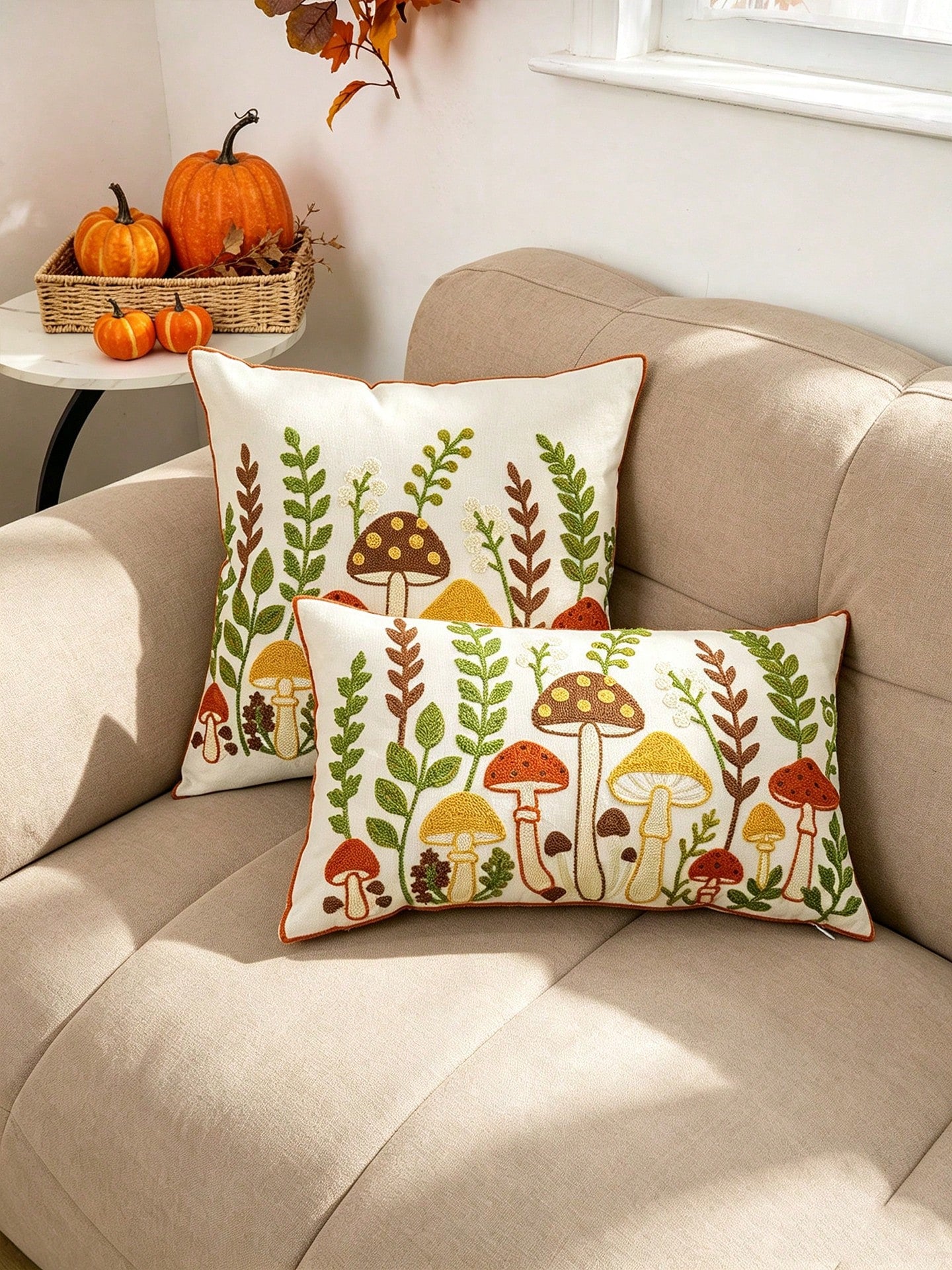 1PC Autumn Mushroom Embroidered Pillow Cover, Multiple Sizes Available, Universal Home Decor For Sofa & Bed, Special Pillowcase For Harvest Festival, Insert Not Included