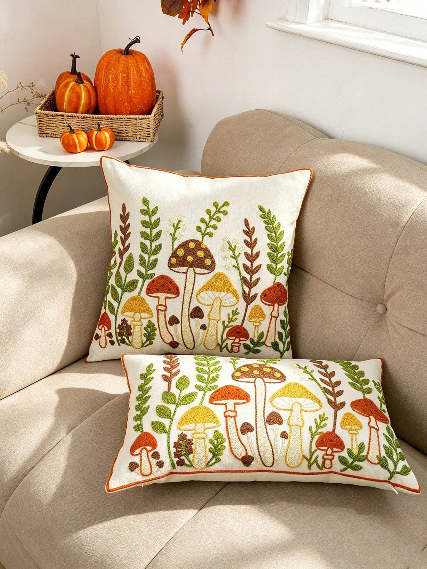 1PC Autumn Mushroom Embroidered Pillow Cover, Multiple Sizes Available, Universal Home Decor For Sofa & Bed, Special Pillowcase For Harvest Festival, Insert Not Included