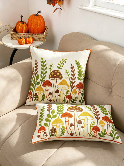 1PC Autumn Mushroom Embroidered Pillow Cover, Multiple Sizes Available, Universal Home Decor For Sofa & Bed, Special Pillowcase For Harvest Festival, Insert Not Included