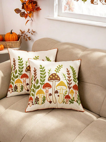 1PC Autumn Mushroom Embroidered Pillow Cover, Multiple Sizes Available, Universal Home Decor For Sofa & Bed, Special Pillowcase For Harvest Festival, Insert Not Included