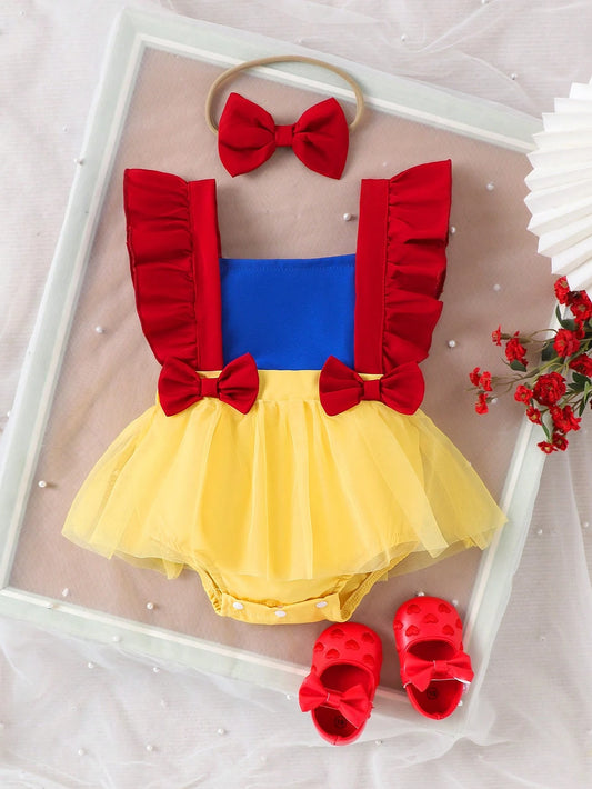 1pc Baby Girl Cute Multicolor Bow Fluffy Tulle Dress With Headband, Summer Style