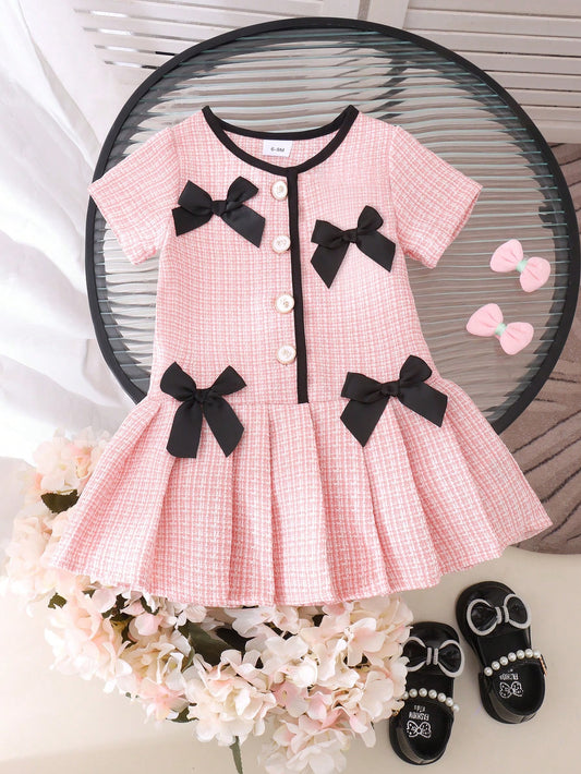 1pc Baby Girl Sweet Contrast Color Round Neck Bow Button Short Sleeve Dress Spring Summer