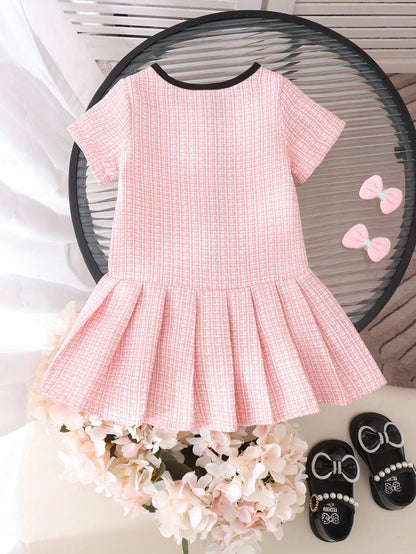 1pc Baby Girl Sweet Contrast Color Round Neck Bow Button Short Sleeve Dress Spring Summer