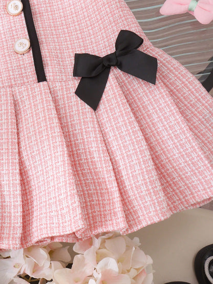1pc Baby Girl Sweet Contrast Color Round Neck Bow Button Short Sleeve Dress Spring Summer