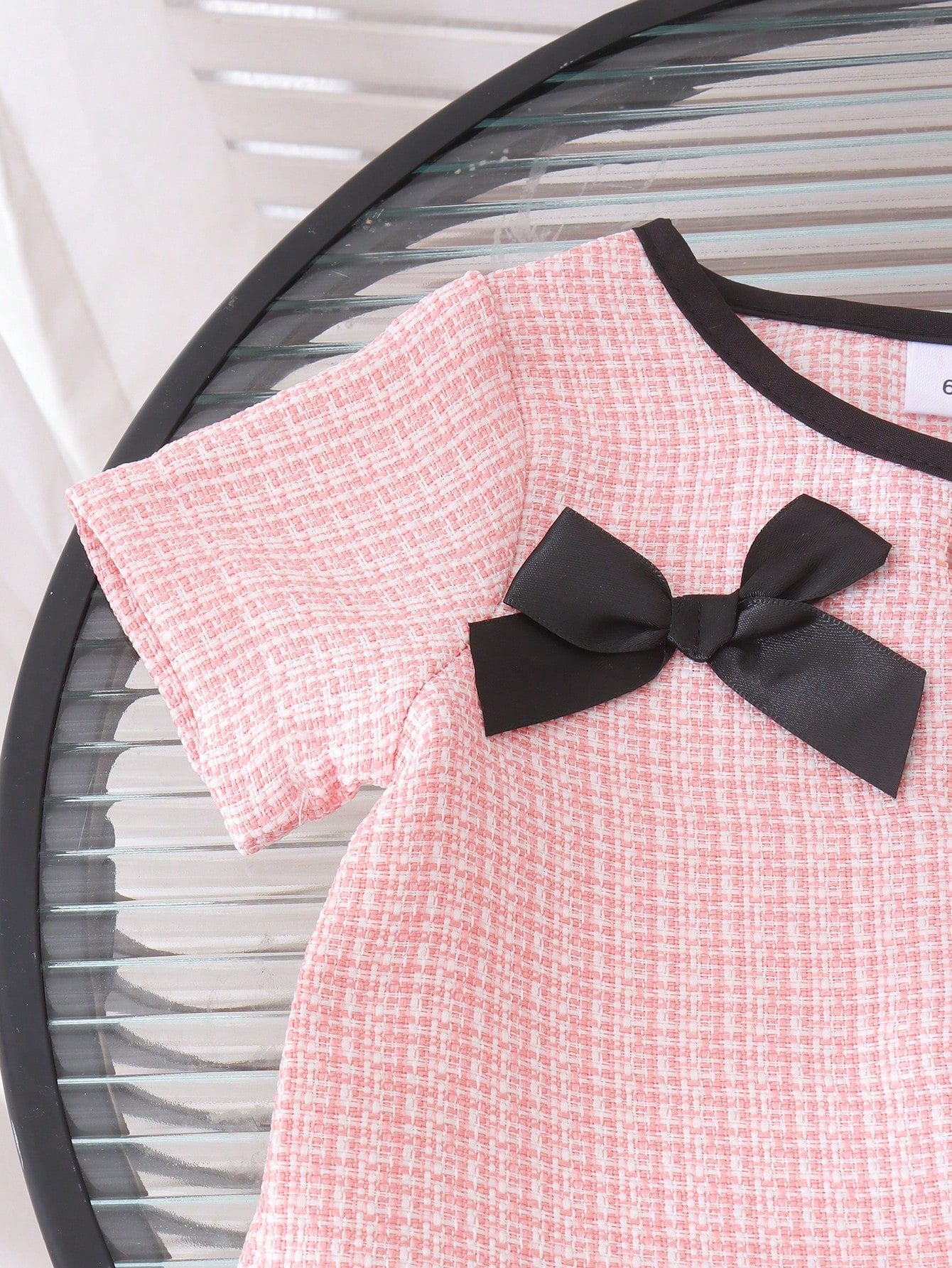 1pc Baby Girl Sweet Contrast Color Round Neck Bow Button Short Sleeve Dress Spring Summer