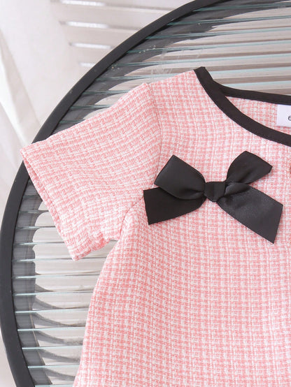 1pc Baby Girl Sweet Contrast Color Round Neck Bow Button Short Sleeve Dress Spring Summer