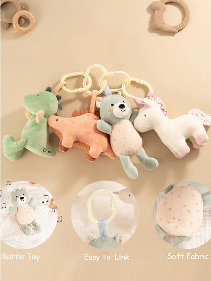 1pc Baby Plush Animal Stuffed Toy Rattle Ornament, Suitable For Car Seat And Stroller, Newborn Gift, Wind Chime, Pendant Decoration For Baby Room, Infant Sensory Soft Toy- Bear, Unicorn, Dinosaur