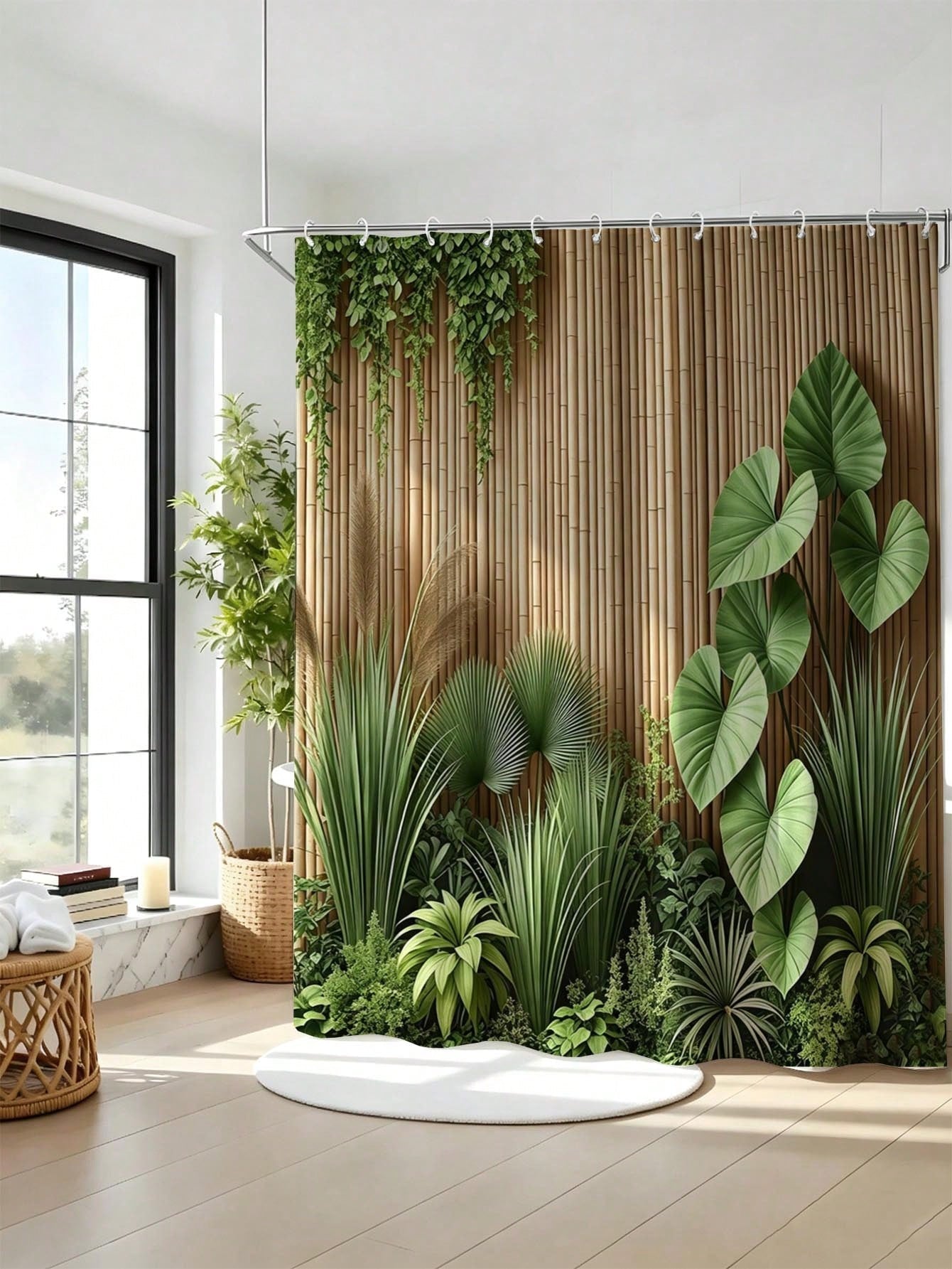 1pc Bamboo Forest Tropical Greenery Shower Curtain- Suitable For Bathroom Decor, Bathroom Curtain- Easy To Clean, Exquisite Home Decor, Bathroom Partition Curtain, Decorative Shower Curtain, Bathroo