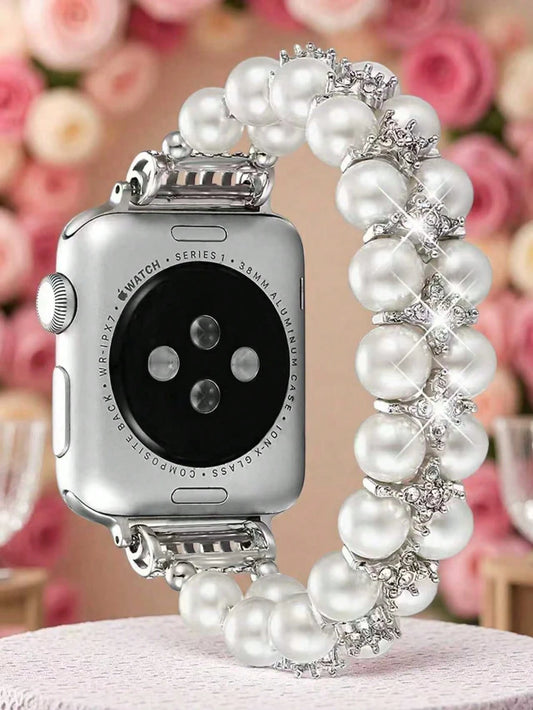 1pc Beaded Jewelry Double Row Pearl Inlaid Cubic Zirconia Compatible With Apple Watch 38/40/41/42/44/45/46/49/S10-42mm Women's Elastic Stretch Band- Simple Elegant Fashionable Bright Pearl Design- C