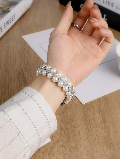 1pc Beaded Jewelry Double Row Pearl Inlaid Cubic Zirconia Compatible With Apple Watch 38/40/41/42/44/45/46/49/S10-42mm Women's Elastic Stretch Band- Simple Elegant Fashionable Bright Pearl Design- C