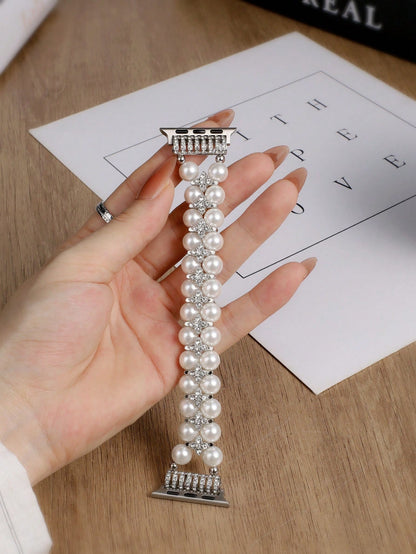 1pc Beaded Jewelry Double Row Pearl Inlaid Cubic Zirconia Compatible With Apple Watch 38/40/41/42/44/45/46/49/S10-42mm Women's Elastic Stretch Band- Simple Elegant Fashionable Bright Pearl Design- C