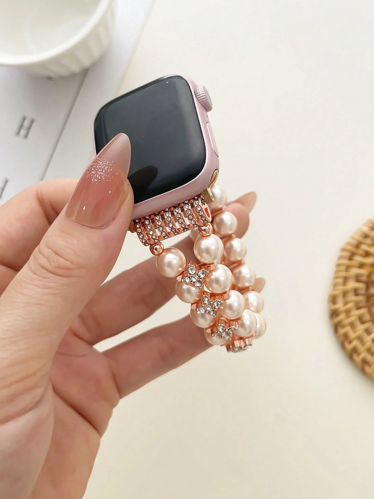 1pc Beaded Jewelry Double Row Pearl Inlaid Cubic Zirconia Compatible With Apple Watch 38/40/41/42/44/45/46/49/S10-42mm Women's Elastic Stretch Band- Simple Elegant Fashionable Bright Pearl Design- C