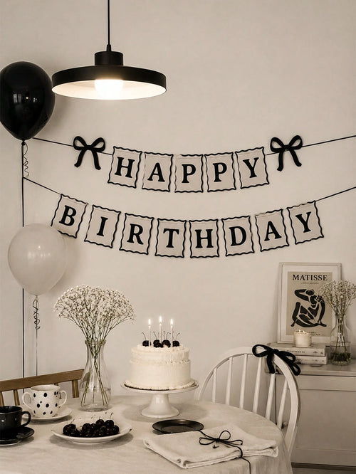1pc Black Bow Happy Birthday Banner Garland With Mini Ribbon Bows For Girl Girls Black Bow Birthday Party Decorations, Baby Shower, Bows Party Decor Supplies, Aesthetic