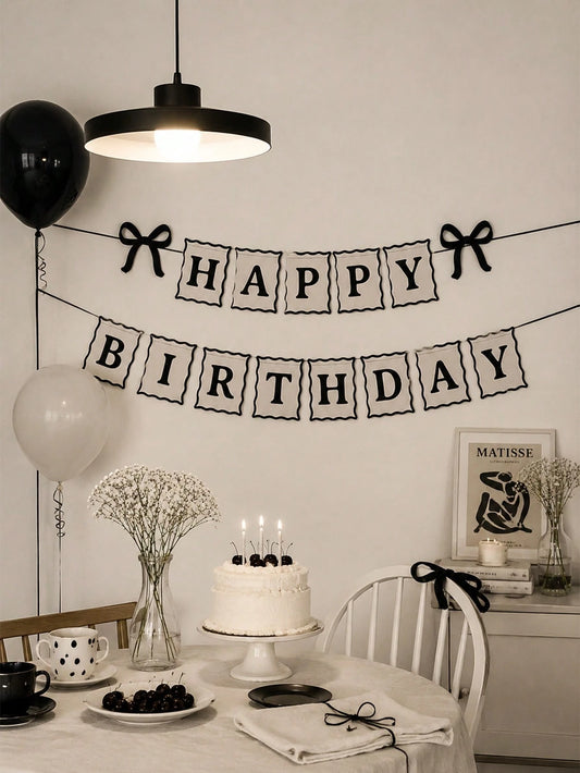 1pc Black Bow Happy Birthday Banner Garland With Mini Ribbon Bows For Girl Girls Black Bow Birthday Party Decorations, Baby Shower, Bows Party Decor Supplies, Aesthetic