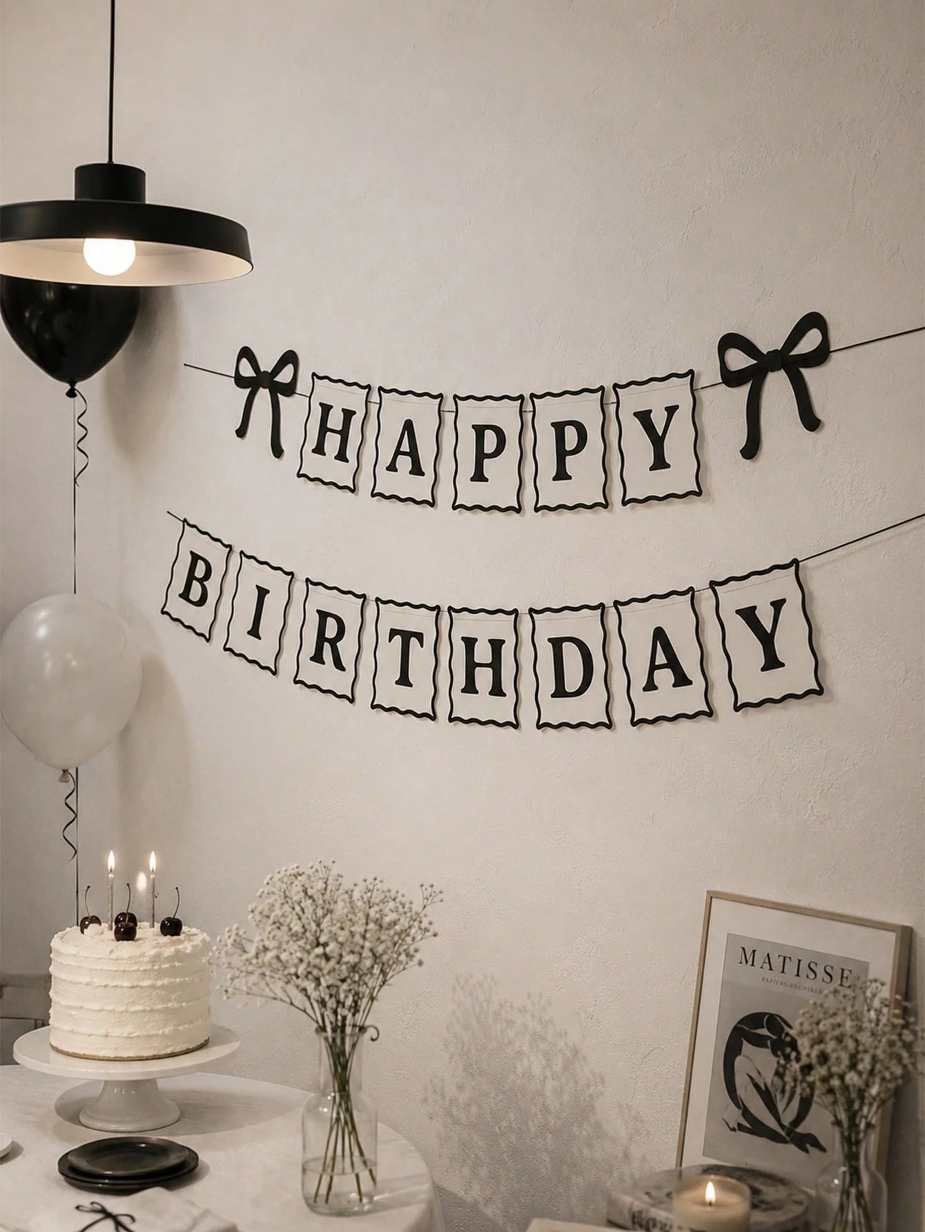 1pc Black Bow Happy Birthday Banner Garland With Mini Ribbon Bows For Girl Girls Black Bow Birthday Party Decorations, Baby Shower, Bows Party Decor Supplies, Aesthetic
