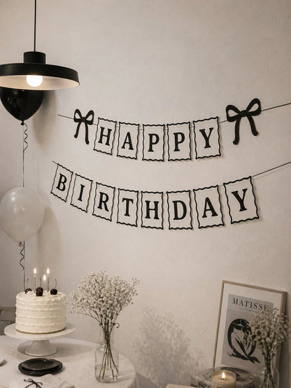 1pc Black Bow Happy Birthday Banner Garland With Mini Ribbon Bows For Girl Girls Black Bow Birthday Party Decorations, Baby Shower, Bows Party Decor Supplies, Aesthetic