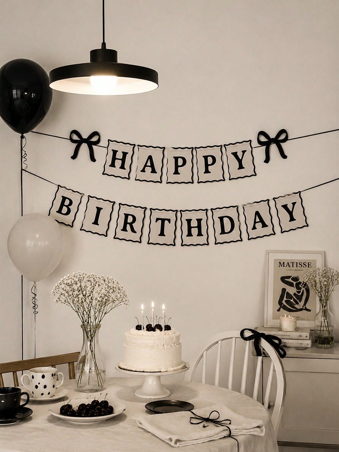 1pc Black Bow Happy Birthday Banner Garland With Mini Ribbon Bows For Girl Girls Black Bow Birthday Party Decorations, Baby Shower, Bows Party Decor Supplies, Aesthetic