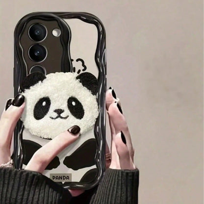 1pc Black & White Wavy Border 3D Plush Panda Pattern Shockproof TPU Phone Case Compatible With 17/17 Pro/17 Pro Max, 16/15, 15 Pro Max, 13/14/11/12/14 Pro Max, XS/XR/X/8/7/8 Plus/7 Plus, Galaxy S22/23