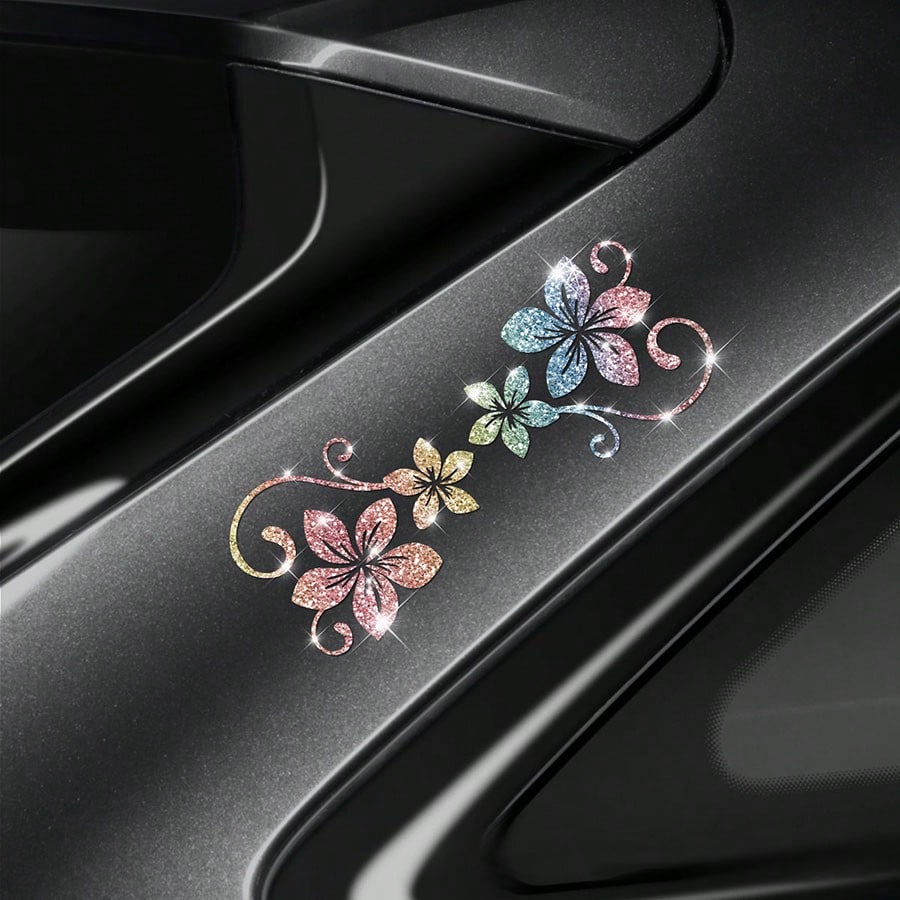 1pc Blooming Flower Pattern Car Shiny Sandblasted Decorative Sticker, Glitter Flower Colorful Decorative Decal For Car Window And Body, Personalized Reflective Sticker, Night Reflective Sticker Strip