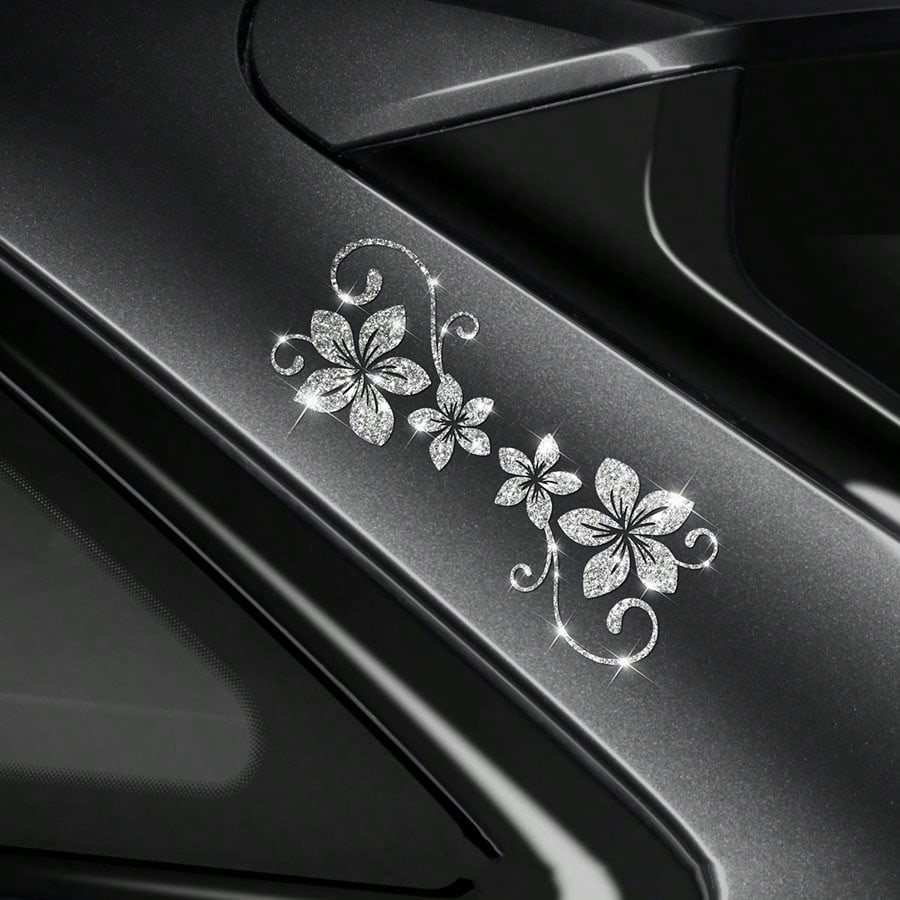 1pc Blooming Flower Pattern Car Shiny Sandblasted Decorative Sticker, Glitter Flower Colorful Decorative Decal For Car Window And Body, Personalized Reflective Sticker, Night Reflective Sticker Strip