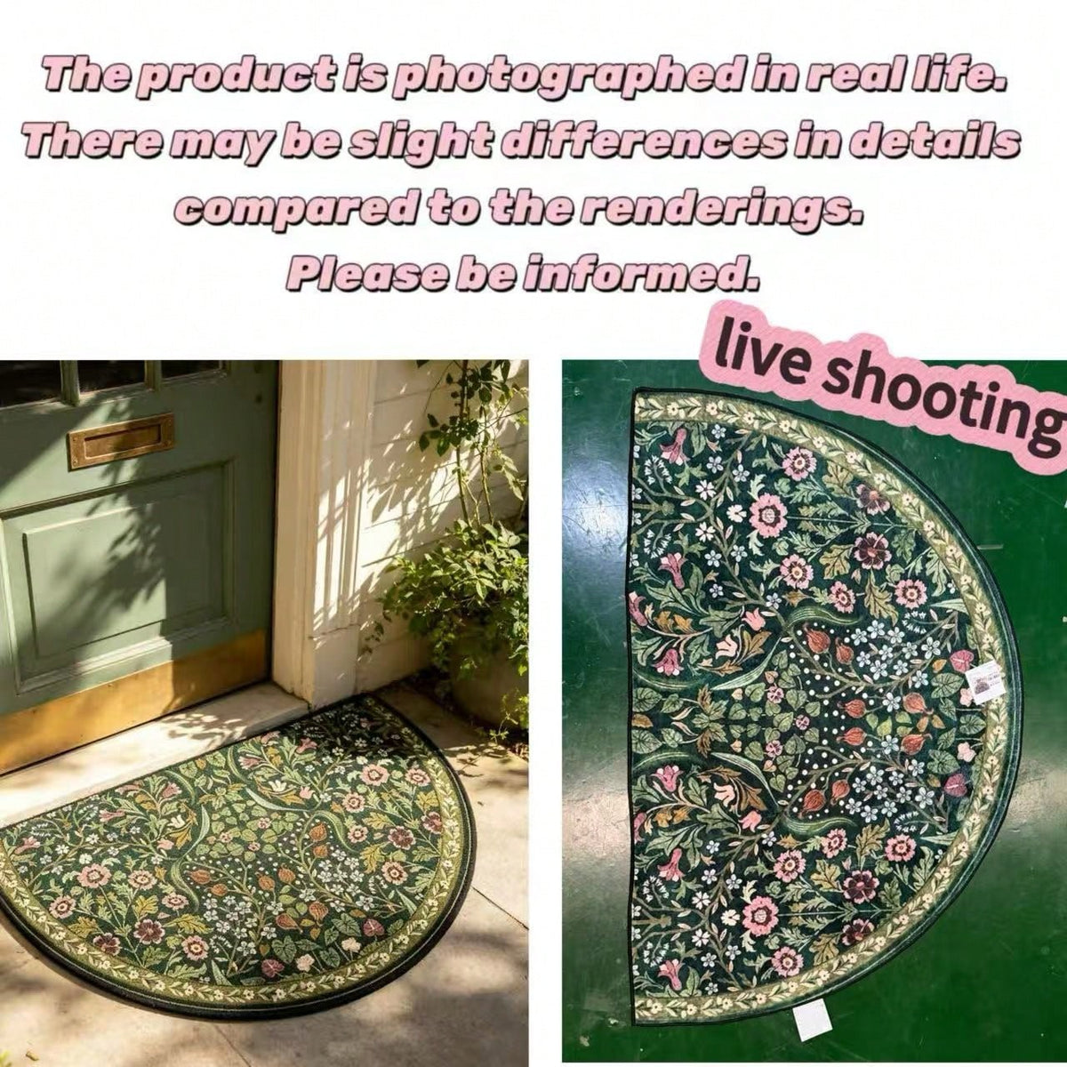 1pc, Bohemian Green Floral Print Semi-Circle, Semi-Circle Design, Suitable For Indoor And Outdoor Use, Perfect For Living Room, Bedroom, Kitchen, Laundry Room, Patio And Carpet Decoration, Faux Stone