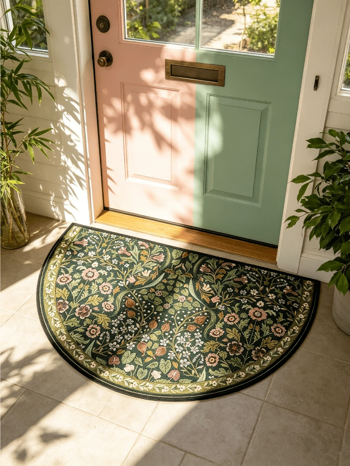 1pc, Bohemian Green Floral Print Semi-Circle, Semi-Circle Design, Suitable For Indoor And Outdoor Use, Perfect For Living Room, Bedroom, Kitchen, Laundry Room, Patio And Carpet Decoration, Faux Stone