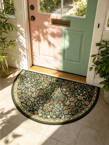 1pc, Bohemian Green Floral Print Semi-Circle, Semi-Circle Design, Suitable For Indoor And Outdoor Use, Perfect For Living Room, Bedroom, Kitchen, Laundry Room, Patio And Carpet Decoration, Faux Stone