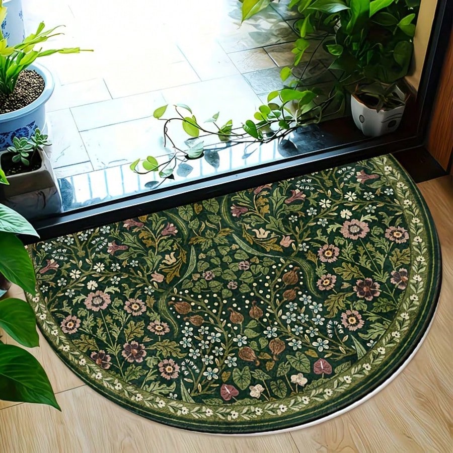 1pc, Bohemian Green Floral Print Semi-Circle, Semi-Circle Design, Suitable For Indoor And Outdoor Use, Perfect For Living Room, Bedroom, Kitchen, Laundry Room, Patio And Carpet Decoration, Faux Stone