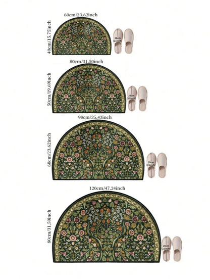 1pc, Bohemian Green Floral Print Semi-Circle, Semi-Circle Design, Suitable For Indoor And Outdoor Use, Perfect For Living Room, Bedroom, Kitchen, Laundry Room, Patio And Carpet Decoration, Faux Stone