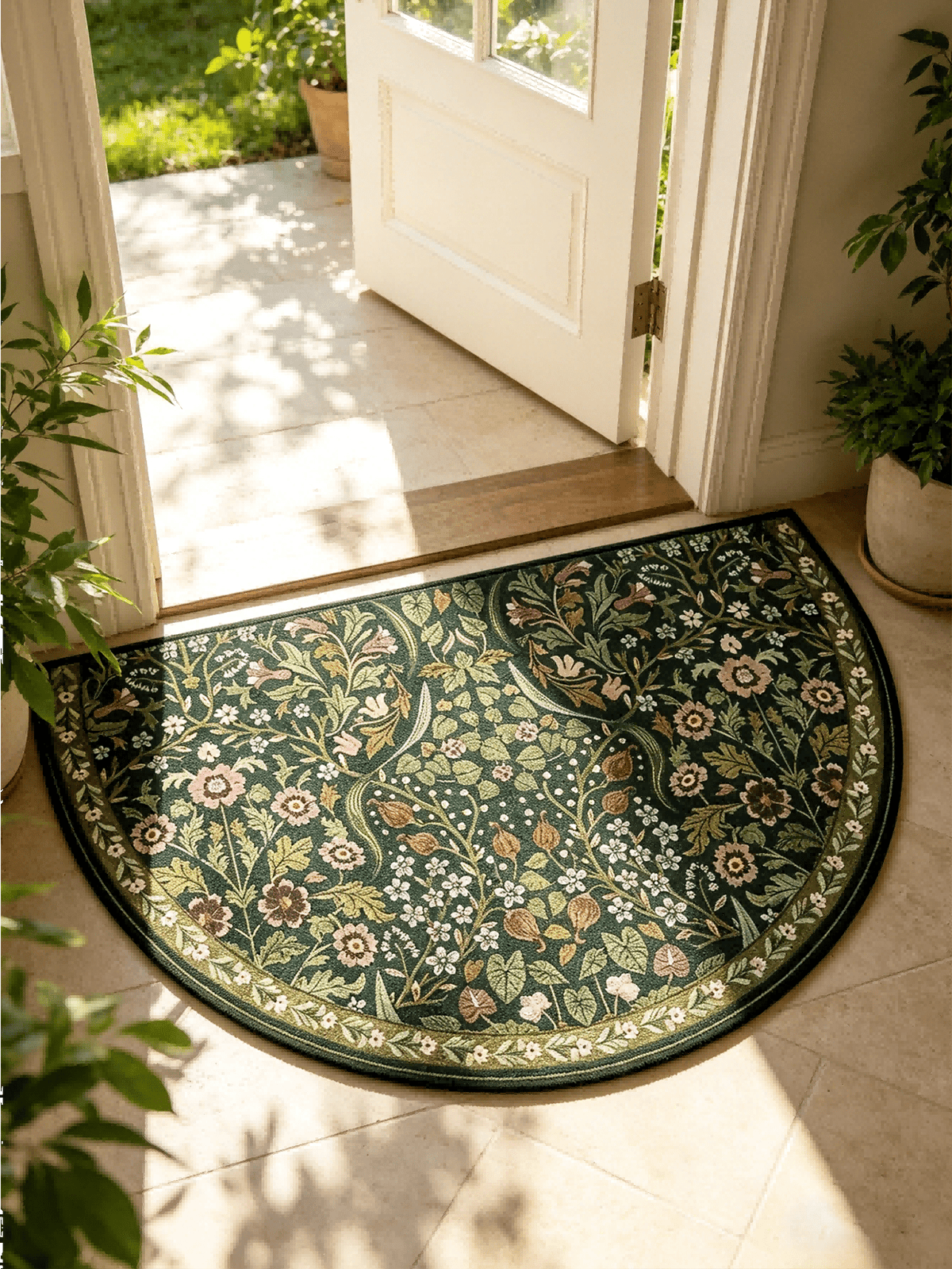1pc, Bohemian Green Floral Print Semi-Circle, Semi-Circle Design, Suitable For Indoor And Outdoor Use, Perfect For Living Room, Bedroom, Kitchen, Laundry Room, Patio And Carpet Decoration, Faux Stone