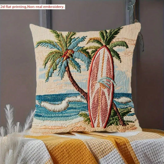 1pc Bohemian Tropical Surfboard & Palm Tree Cushion Cover- Soft Polyester, 45cm X 45cm, Vibrant Beach Scene Design, Hypoallergenic, Machine Washable, Envelope Closure- Ideal For Living Room, Office