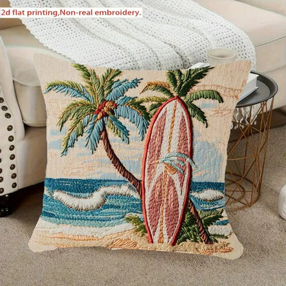 1pc Bohemian Tropical Surfboard & Palm Tree Cushion Cover- Soft Polyester, 45cm X 45cm, Vibrant Beach Scene Design, Hypoallergenic, Machine Washable, Envelope Closure- Ideal For Living Room, Office