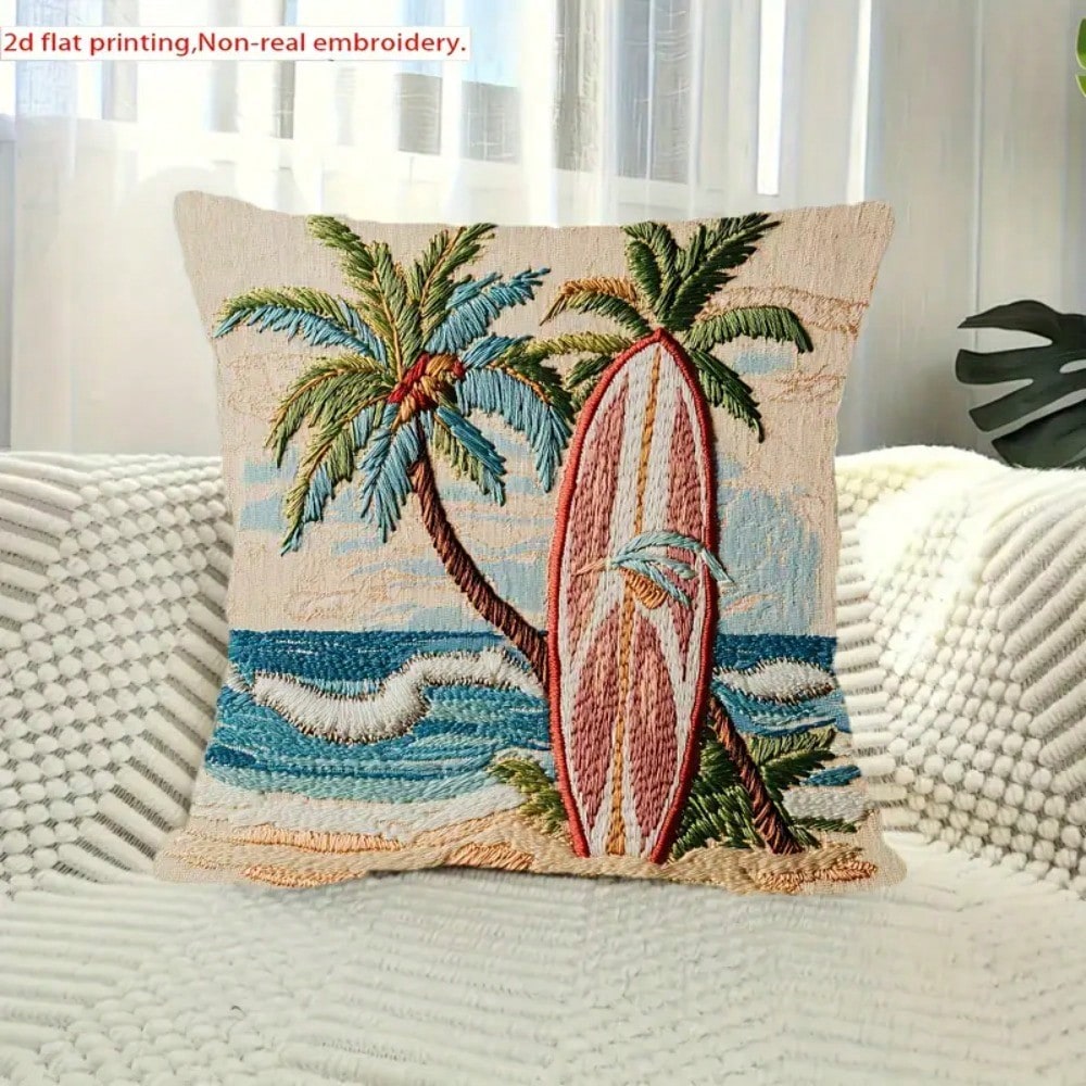 1pc Bohemian Tropical Surfboard & Palm Tree Cushion Cover- Soft Polyester, 45cm X 45cm, Vibrant Beach Scene Design, Hypoallergenic, Machine Washable, Envelope Closure- Ideal For Living Room, Office