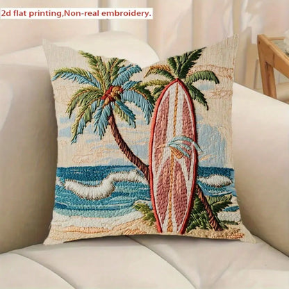 1pc Bohemian Tropical Surfboard & Palm Tree Cushion Cover- Soft Polyester, 45cm X 45cm, Vibrant Beach Scene Design, Hypoallergenic, Machine Washable, Envelope Closure- Ideal For Living Room, Office