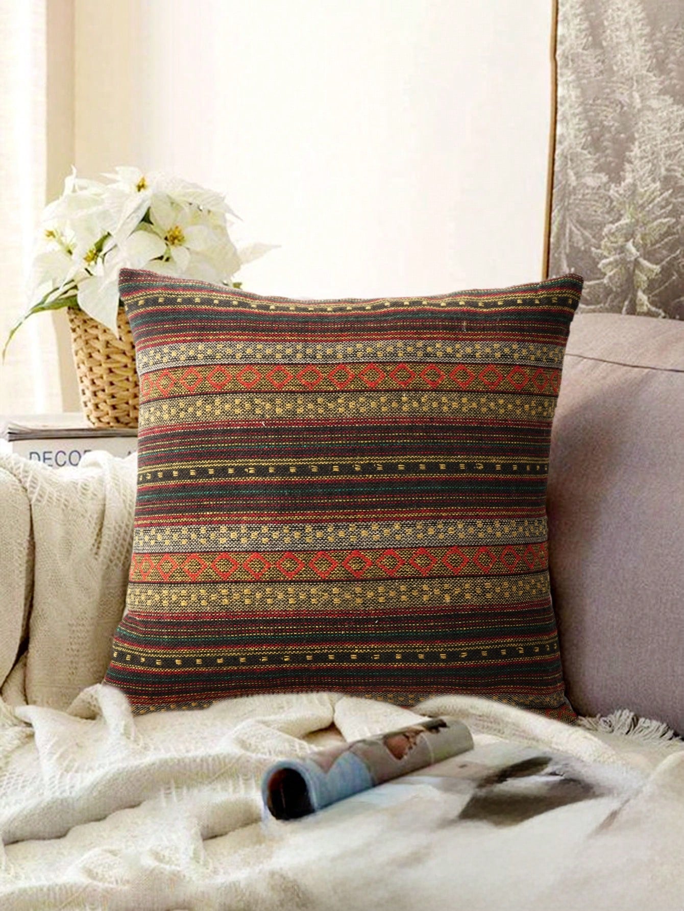 1pc Boho Style Throw Pillow Cover, 18in*18in, Modern Woven Home Decor Cushion Cover (Pillow Insert Not Included), For Sofa, Living Room, Bedroom