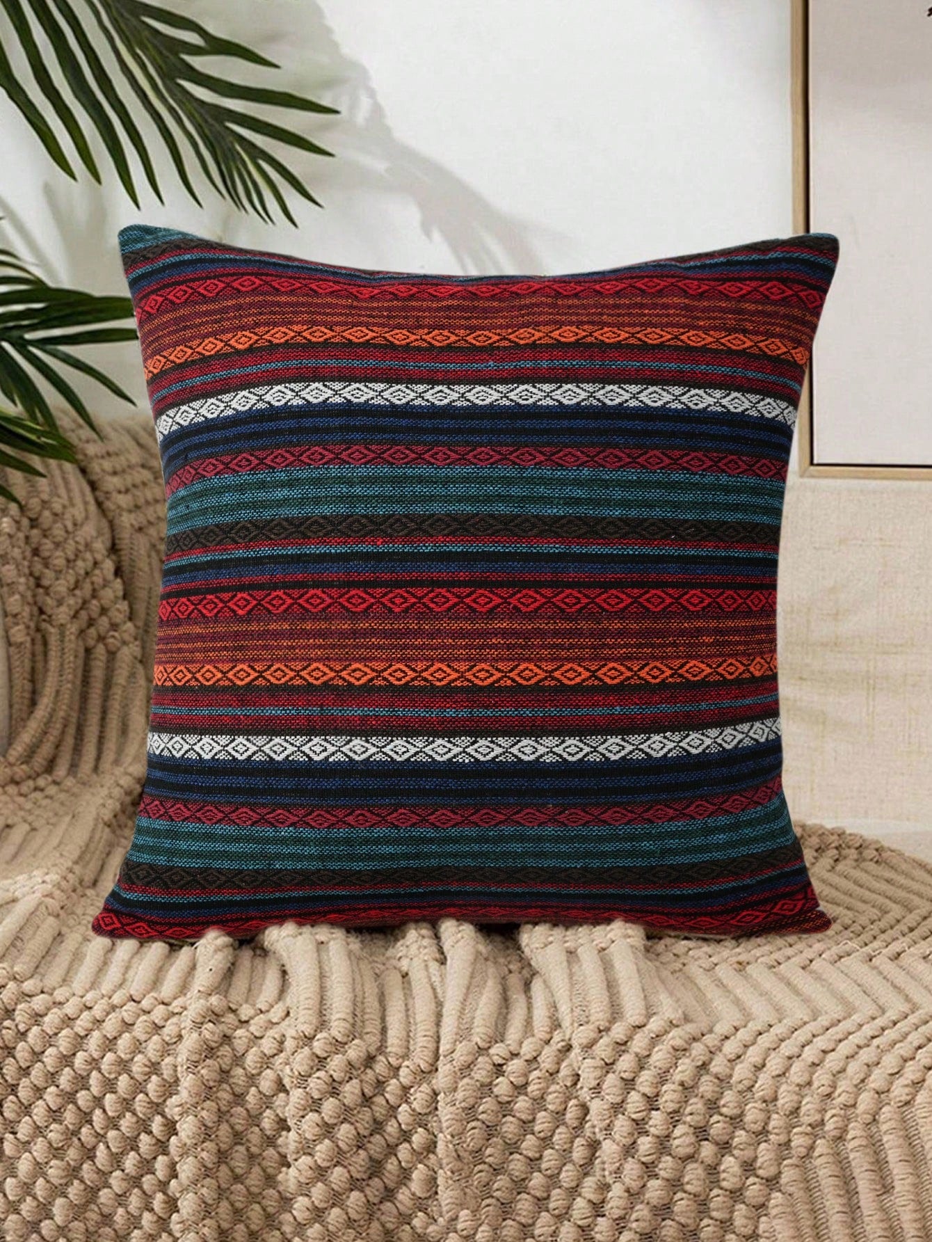 1pc Boho Style Throw Pillow Cover, 18in*18in, Modern Woven Home Decor Cushion Cover (Pillow Insert Not Included), For Sofa, Living Room, Bedroom