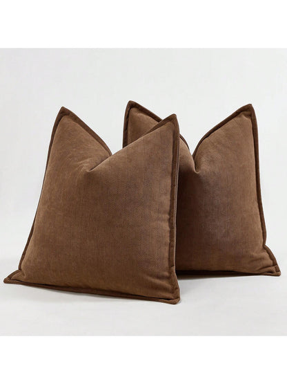 1pc Camel Herringbone Piped Cushion Cover, Modern Luxurious Soft Chenille Piped Decorative Pillow Sham, Suitable For Sofa, Bed, Bedroom, Office, Hotel, All Season