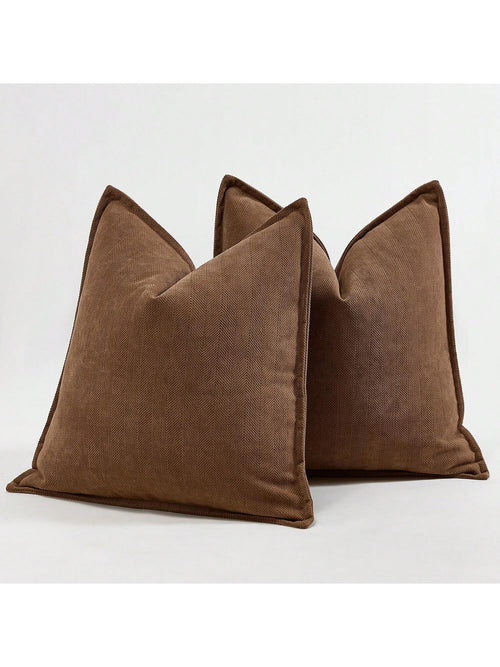 1pc Camel Herringbone Piped Cushion Cover, Modern Luxurious Soft Chenille Piped Decorative Pillow Sham, Suitable For Sofa, Bed, Bedroom, Office, Hotel, All Season