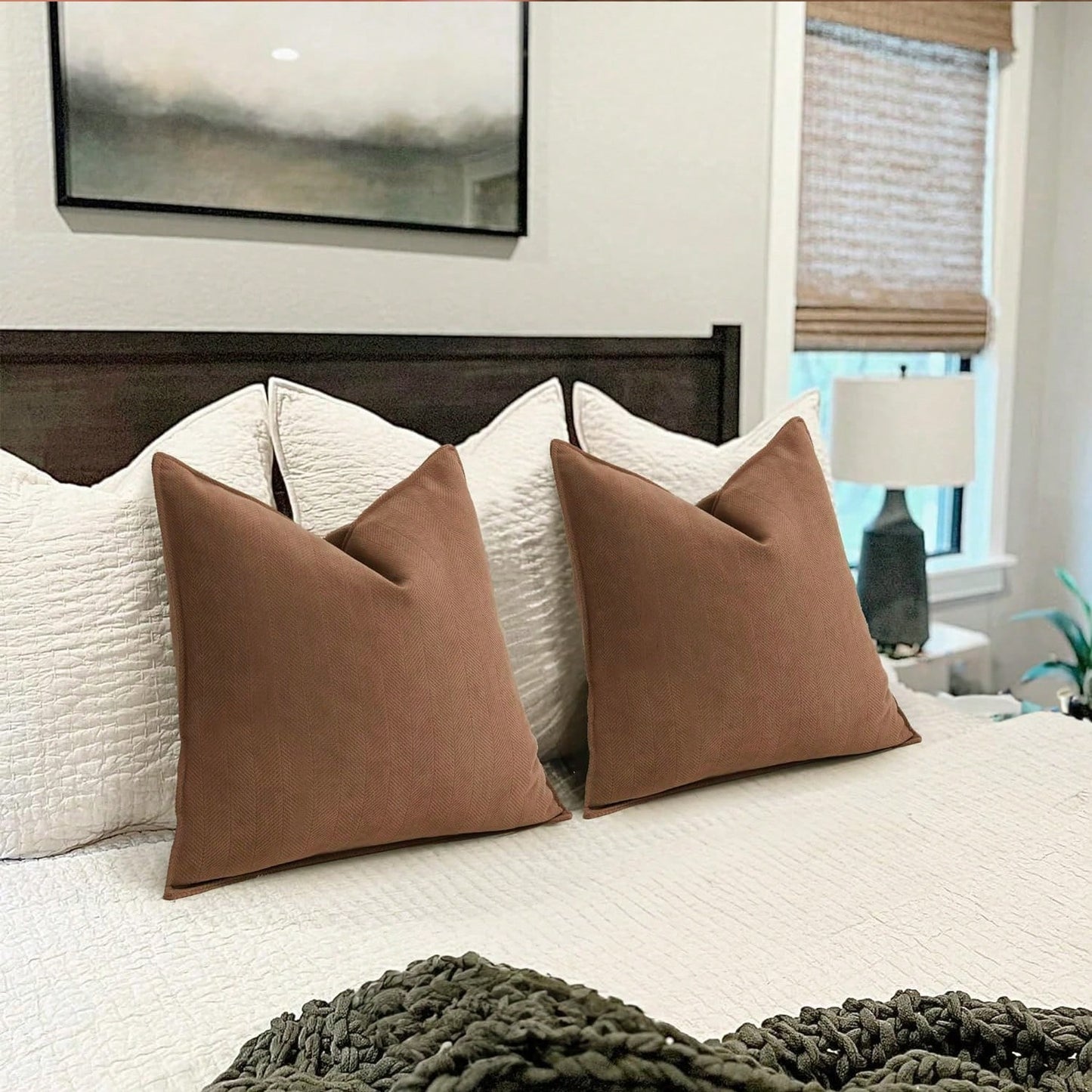 1pc Camel Herringbone Piped Cushion Cover, Modern Luxurious Soft Chenille Piped Decorative Pillow Sham, Suitable For Sofa, Bed, Bedroom, Office, Hotel, All Season