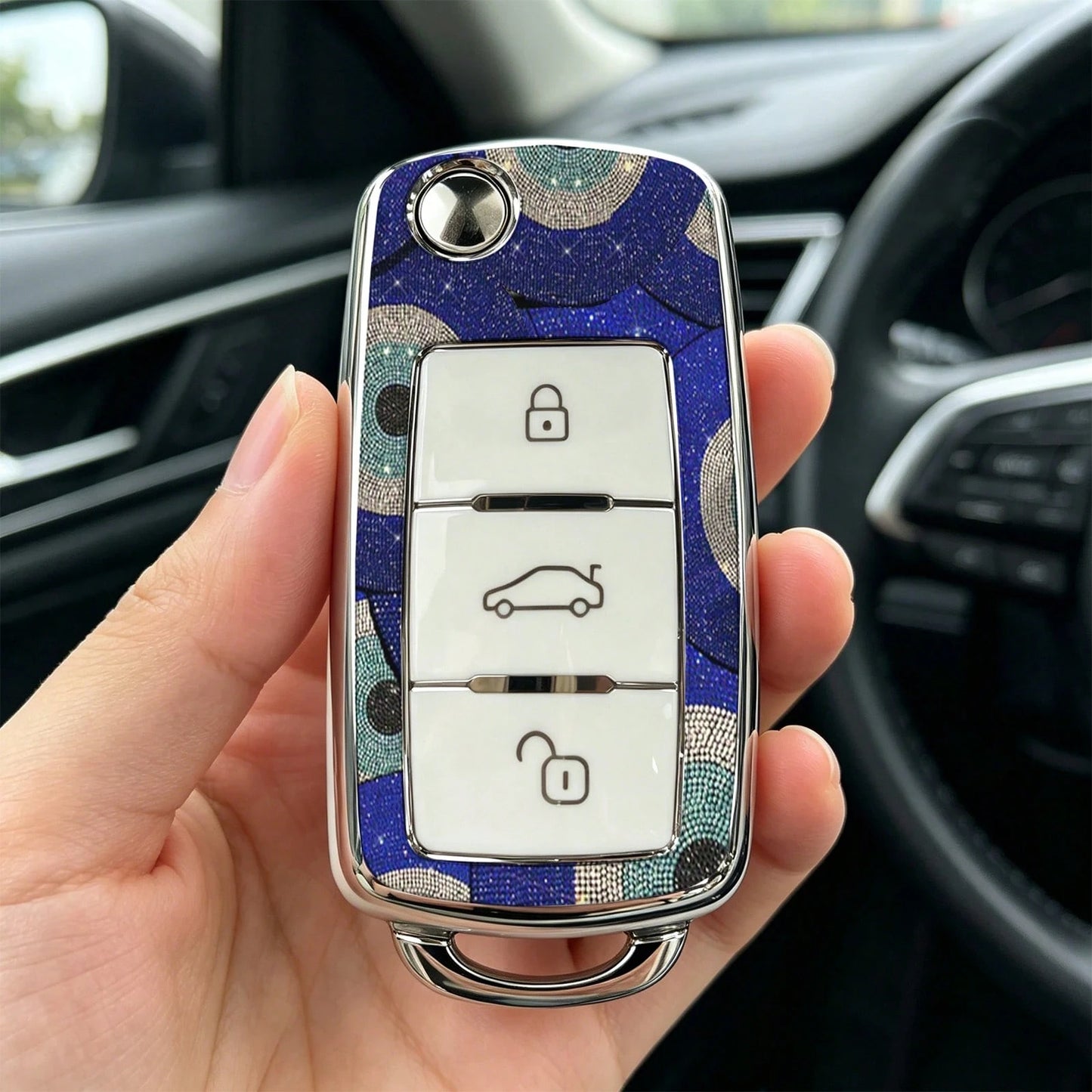 1pc Car Key Case-Elegant Print,Suitable For Jetta Mk6, Polo Mk5, Golf Mk6, Tiguan Mk1, Passat B7, Passat NMS, Caddy Mk3, Beetle, Amarok, Touran Mk1. Advanced Soft-Touch, Does Not Block Signal, Unisex.