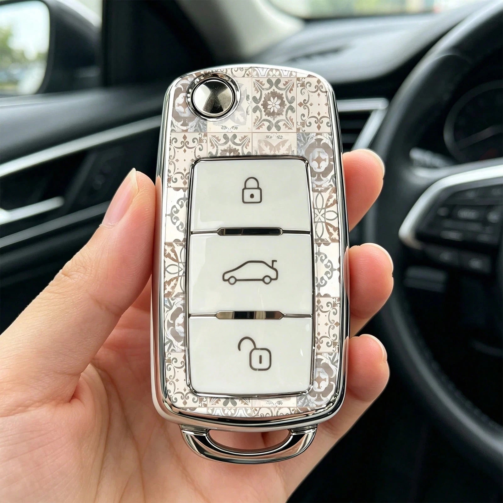 1pc Car Key Case-Elegant Print,Suitable For Jetta Mk6, Polo Mk5, Golf Mk6, Tiguan Mk1, Passat B7, Passat NMS, Caddy Mk3, Beetle, Amarok, Touran Mk1. Advanced Soft-Touch, Does Not Block Signal, Unisex.