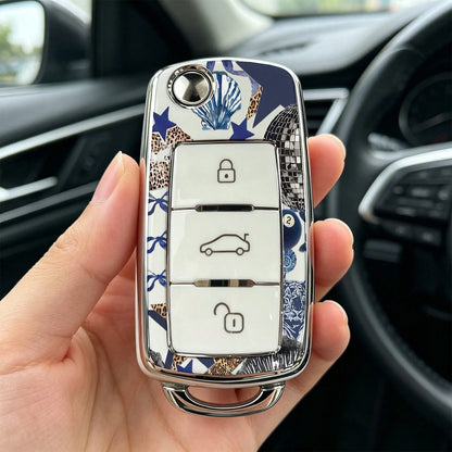 1pc Car Key Case-Elegant Print,Suitable For Jetta Mk6, Polo Mk5, Golf Mk6, Tiguan Mk1, Passat B7, Passat NMS, Caddy Mk3, Beetle, Amarok, Touran Mk1. Advanced Soft-Touch, Does Not Block Signal, Unisex.
