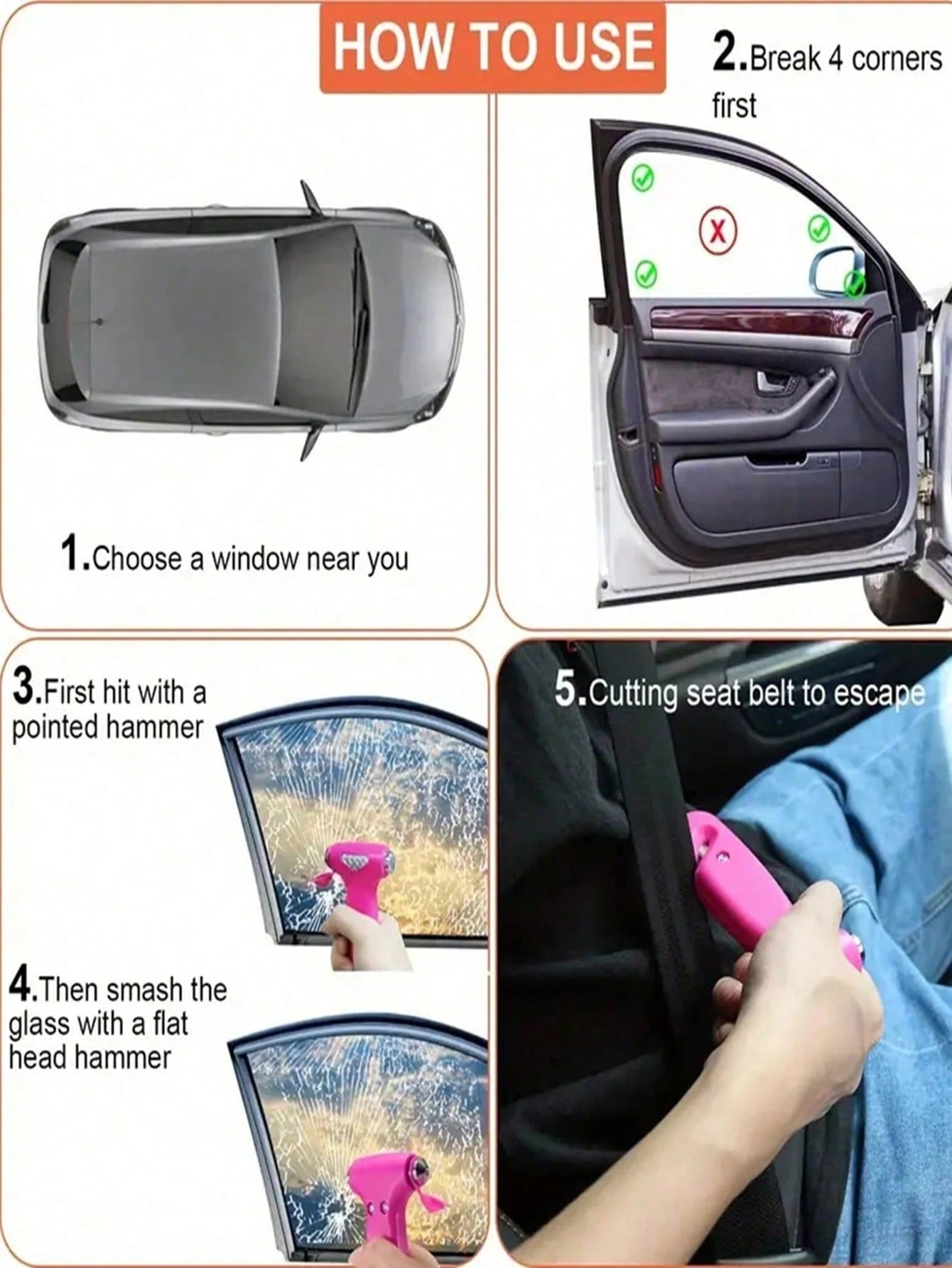 1pc Car Safety Hammer, Emergency Escape Tool With Window Breaker And Seatbelt Cutter, Adjustable Strap For Secure Fit- Essential For Vehicle