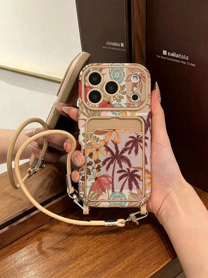 1pc Card Holder Lanyard Coconut Tree Painted Pattern PU Leather Classic Anti-Drop Soft Card Slot Short Lanyard Phone Case Compatible With Apple 17Pro/17/Air/17Promax/11/12/13/14/16 Pro Max/16 Pro/15 S