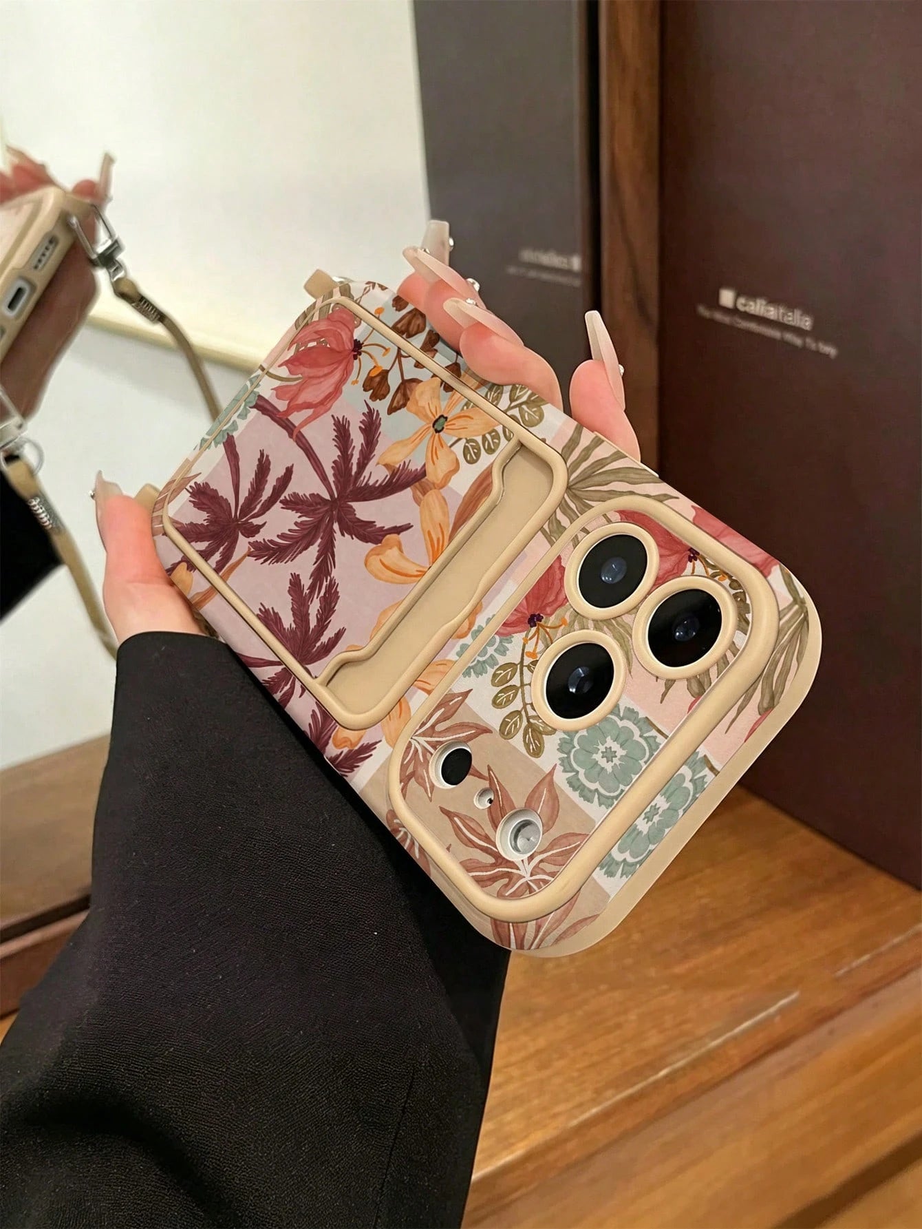1pc Card Holder Lanyard Coconut Tree Painted Pattern PU Leather Classic Anti-Drop Soft Card Slot Short Lanyard Phone Case Compatible With Apple 17Pro/17/Air/17Promax/11/12/13/14/16 Pro Max/16 Pro/15 S