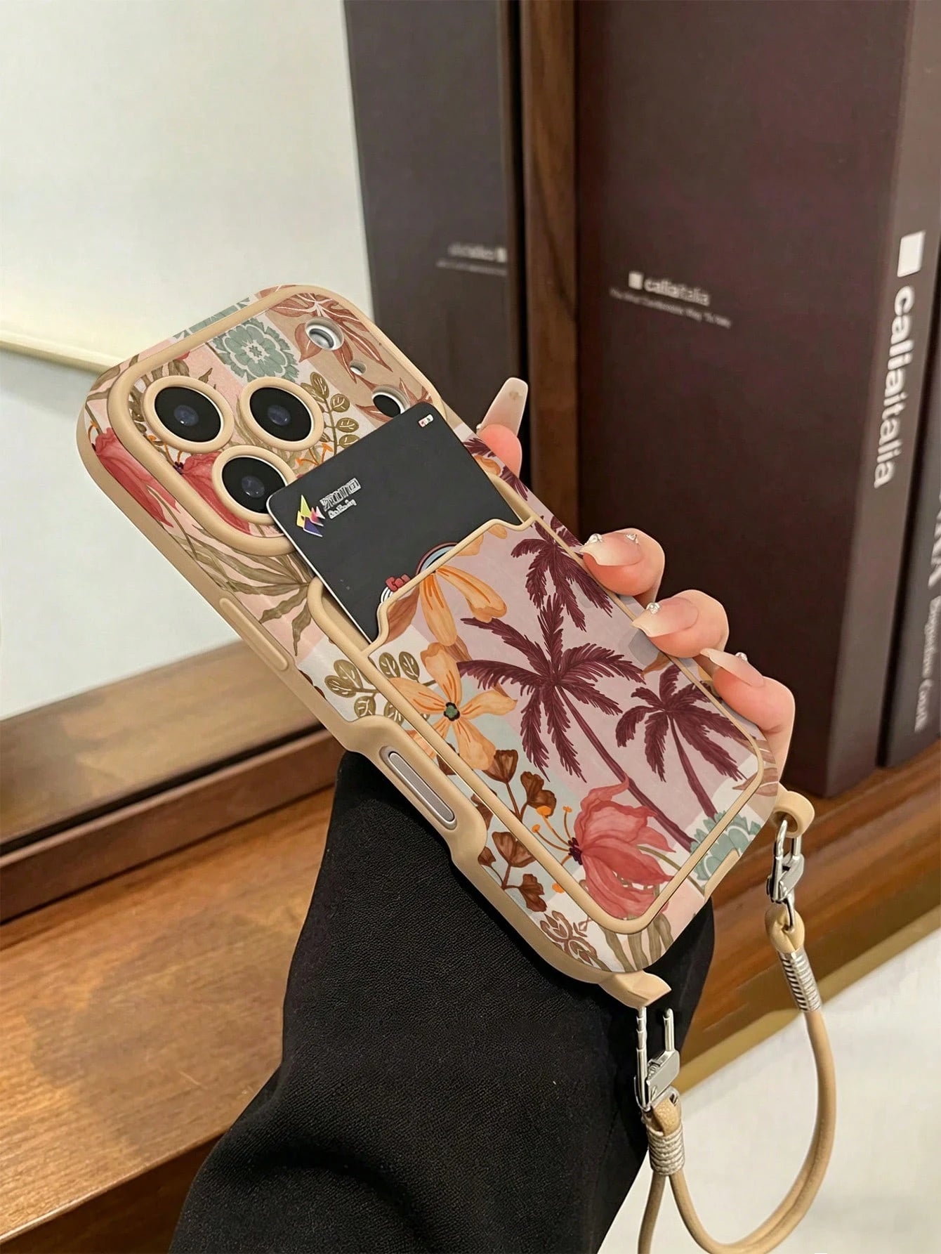 1pc Card Holder Lanyard Coconut Tree Painted Pattern PU Leather Classic Anti-Drop Soft Card Slot Short Lanyard Phone Case Compatible With Apple 17Pro/17/Air/17Promax/11/12/13/14/16 Pro Max/16 Pro/15 S