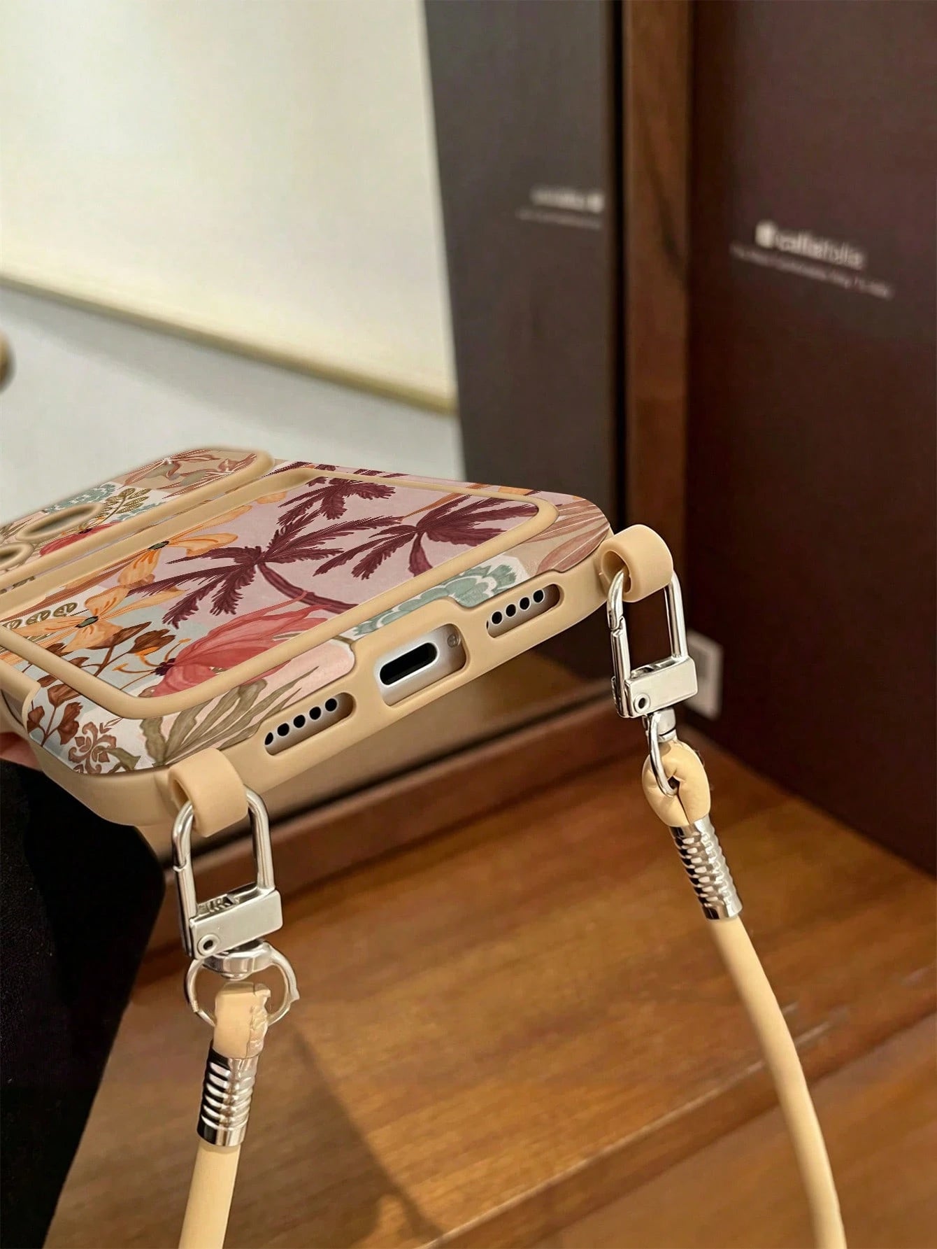 1pc Card Holder Lanyard Coconut Tree Painted Pattern PU Leather Classic Anti-Drop Soft Card Slot Short Lanyard Phone Case Compatible With Apple 17Pro/17/Air/17Promax/11/12/13/14/16 Pro Max/16 Pro/15 S
