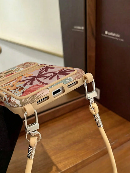 1pc Card Holder Lanyard Coconut Tree Painted Pattern PU Leather Classic Anti-Drop Soft Card Slot Short Lanyard Phone Case Compatible With Apple 17Pro/17/Air/17Promax/11/12/13/14/16 Pro Max/16 Pro/15 S