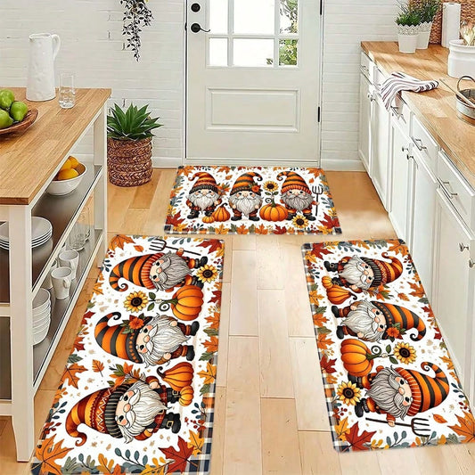 1pc Cartoon Autumn Sunflower Multicolor Maple Leaf Plaid Gnome Rectangular Floor Mat, Polyester Fiber Party Mat, Suitable For Indoor And Outdoor Use, Bathroom Door Mat, Kitchen Rug, Non-Slip Bathroom